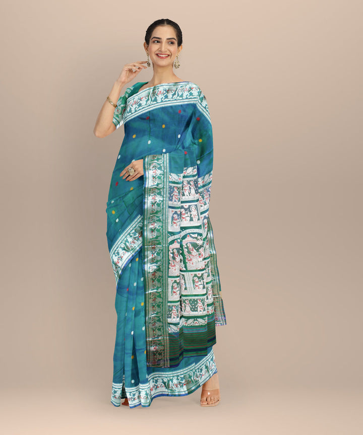 Peacock blue green handwoven baluchari silk saree