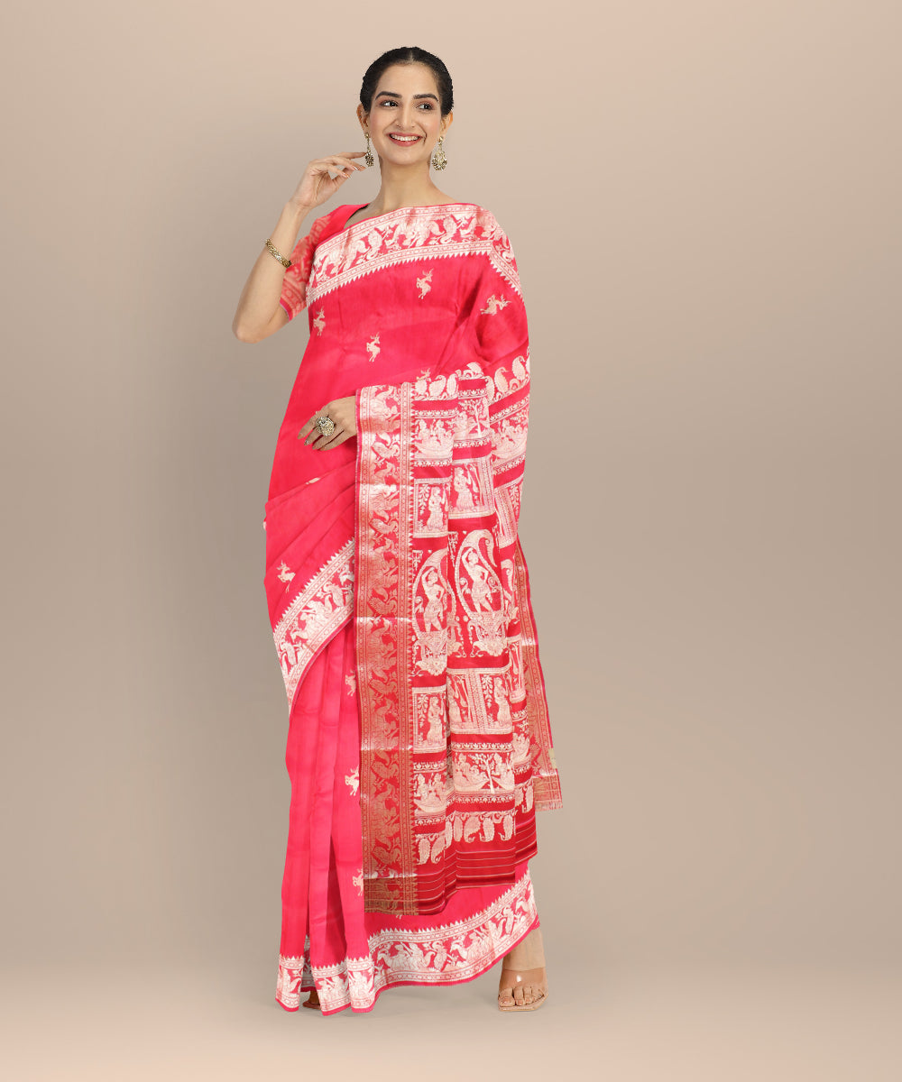 Red white handwoven baluchari silk saree
