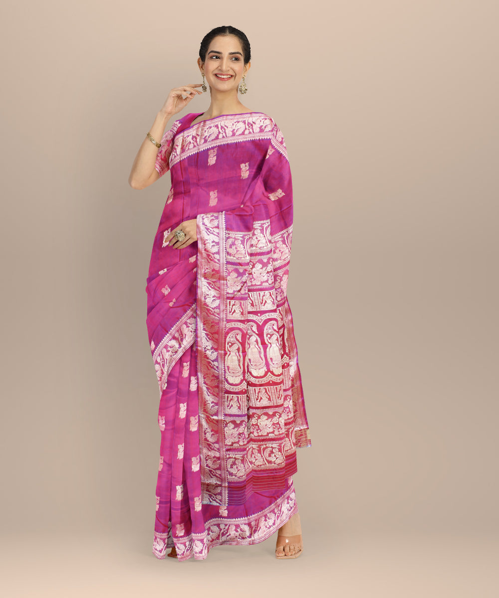 Purple white handwoven baluchari silk saree