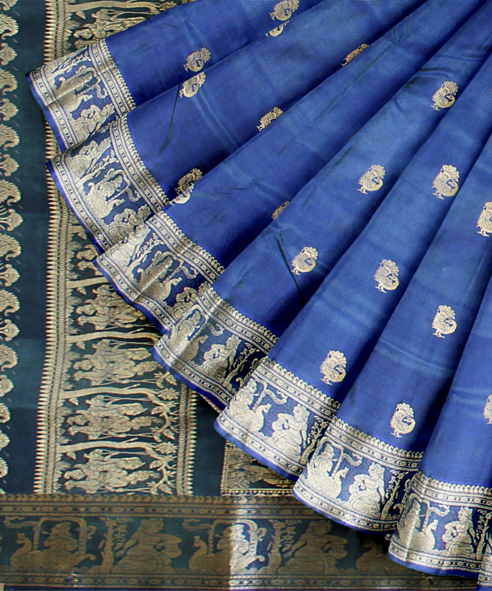 Navy blue white handwoven baluchari silk saree