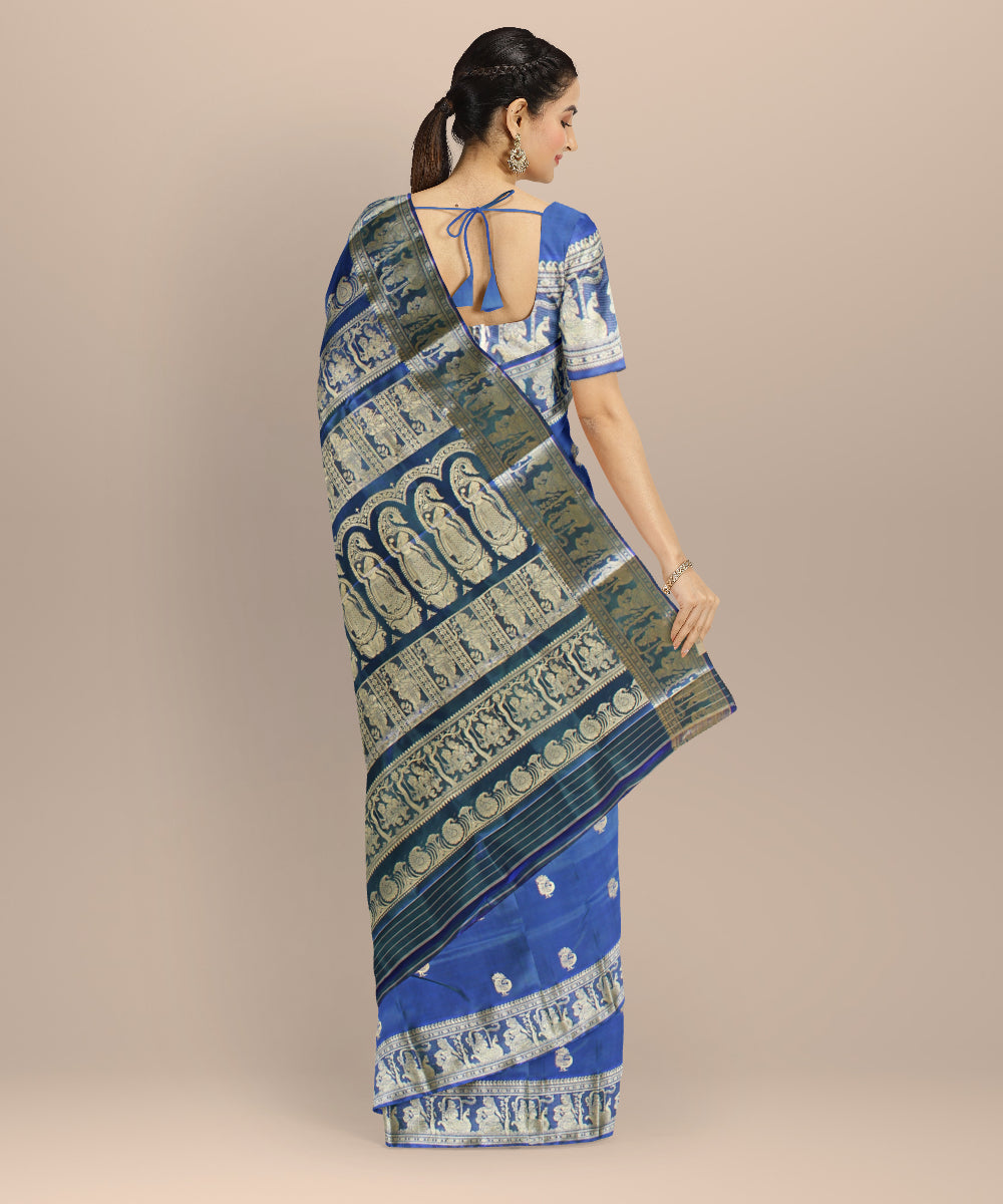 Navy blue white handwoven baluchari silk saree