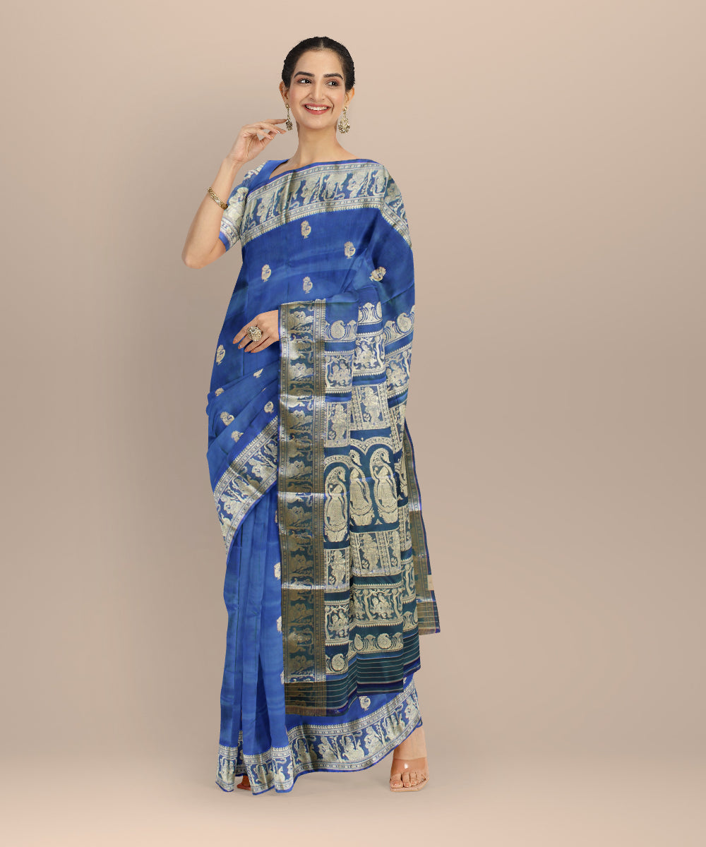 Navy blue white handwoven baluchari silk saree