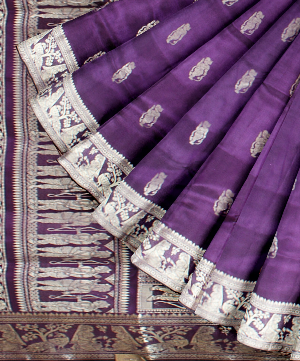 Ink blue white handwoven baluchari silk saree