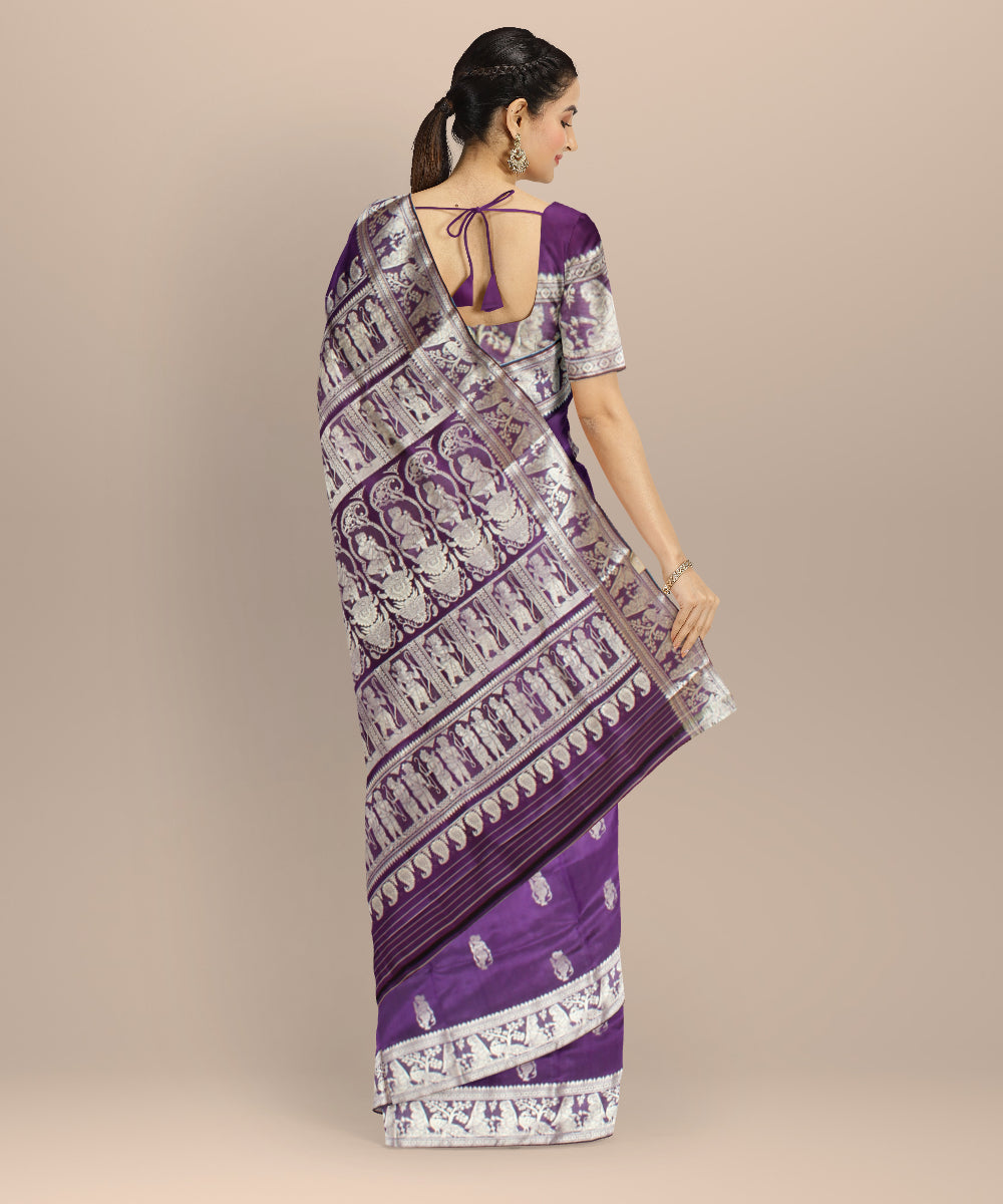 Ink blue white handwoven baluchari silk saree