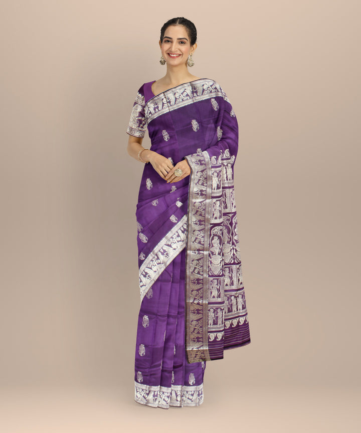 Ink blue white handwoven baluchari silk saree