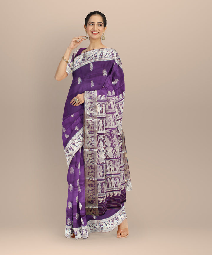 Ink blue white handwoven baluchari silk saree