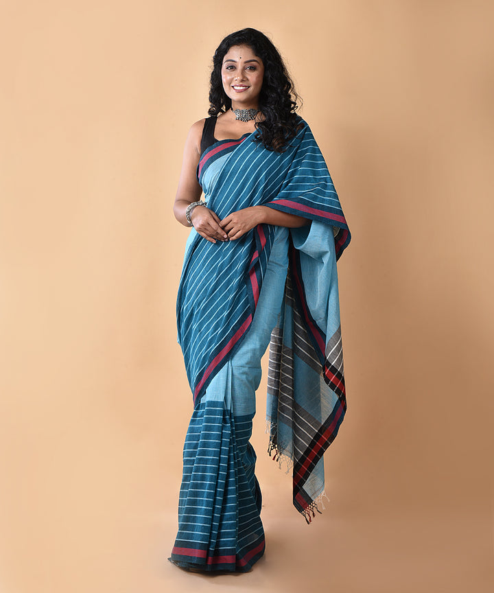 Sky blue striped cotton handwoven jamdani saree