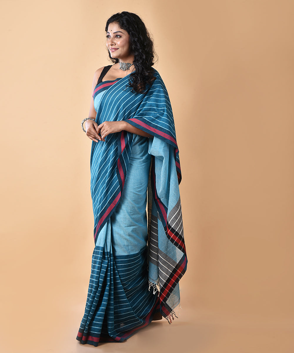 Sky blue striped cotton handwoven jamdani saree