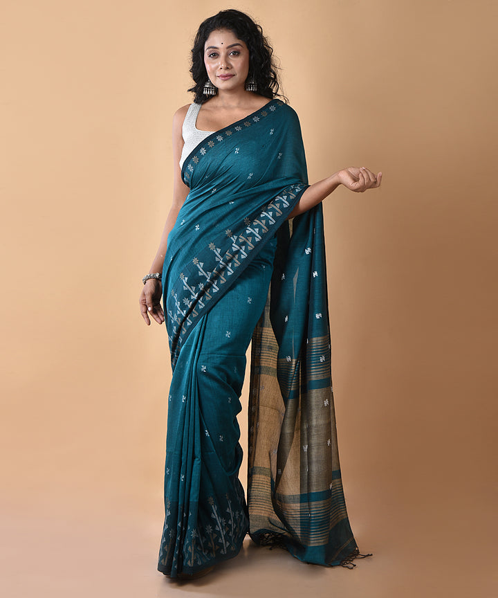 Blue white cotton handwoven jamdani saree