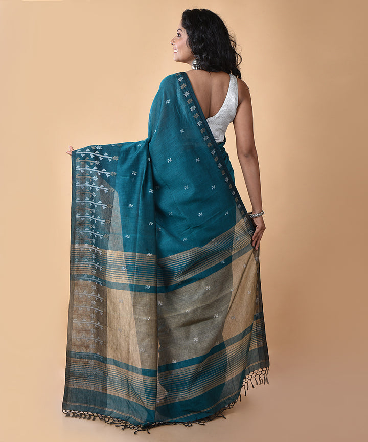 Blue white cotton handwoven jamdani saree