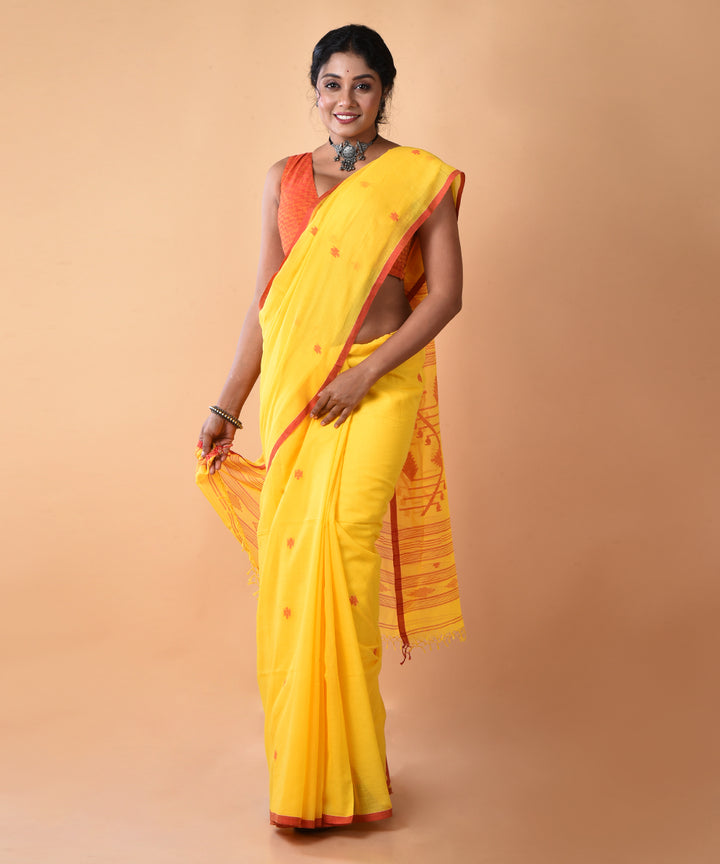 Yellow red cotton handwoven jamdani saree