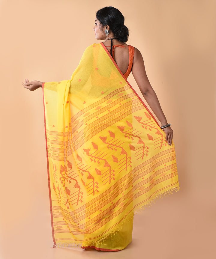 Yellow red cotton handwoven jamdani saree