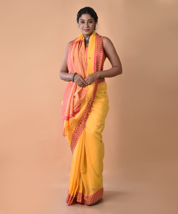 Mustard cotton handwoven jamdani saree