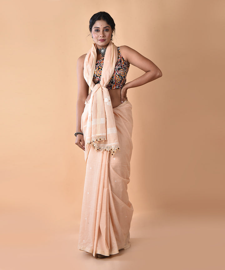 Peach cotton handwoven jamdani saree