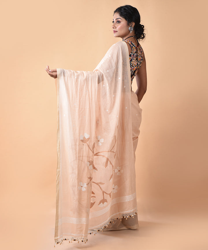 Peach cotton handwoven jamdani saree