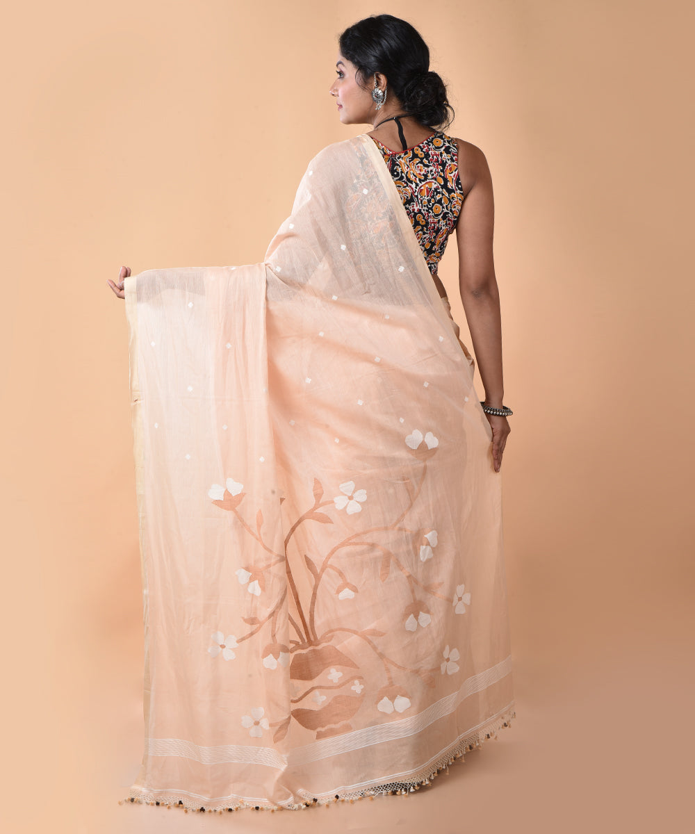 Peach cotton handwoven jamdani saree