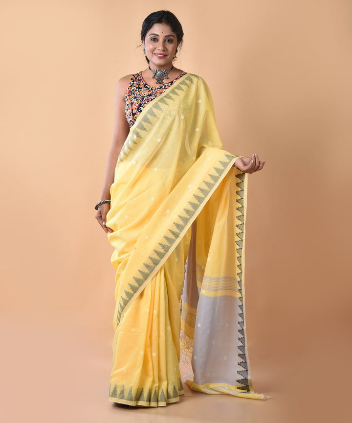 Yellow green cotton handwoven jamdani saree