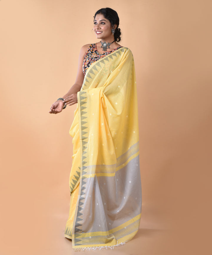 Yellow green cotton handwoven jamdani saree