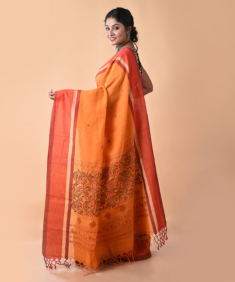 Orange cotton handwoven jamdani saree