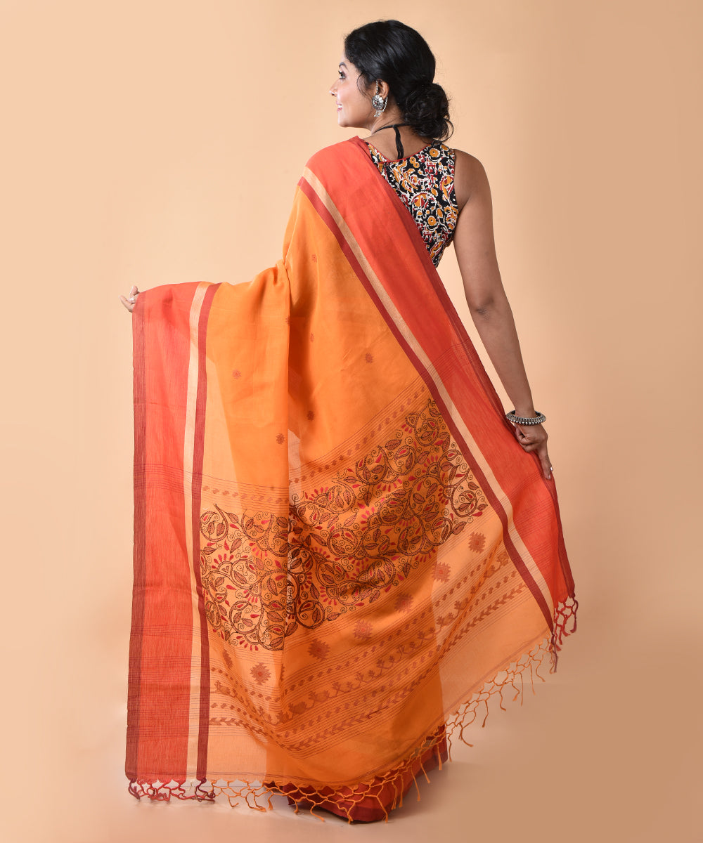 Orange cotton handwoven jamdani saree