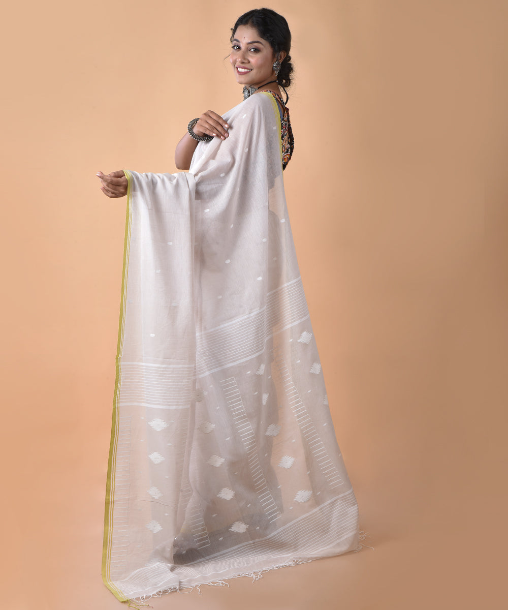 Cream yellow cotton handwoven jamdani saree