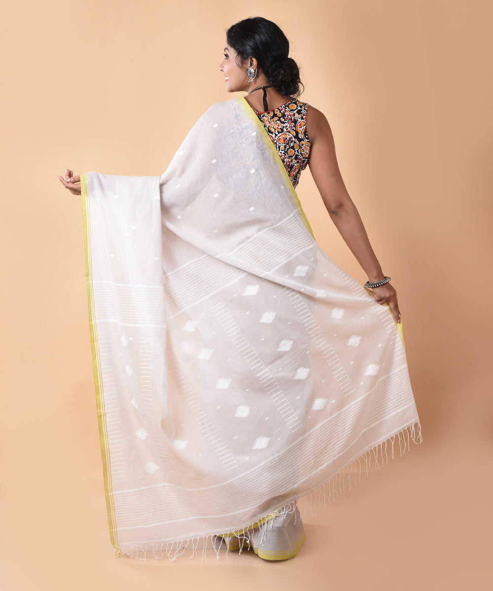 Cream yellow cotton handwoven jamdani saree