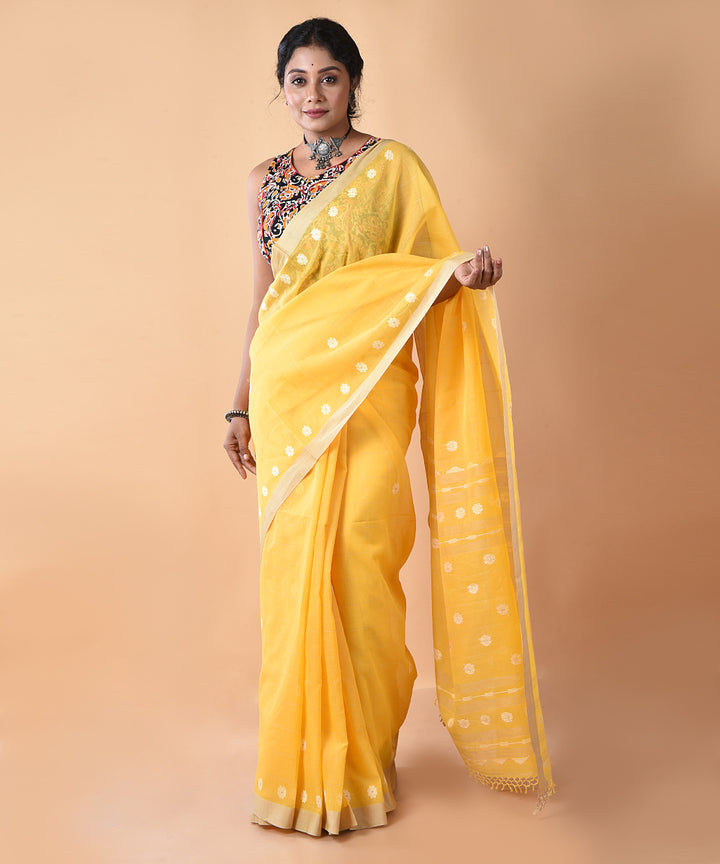 Yellow cotton handwoven jamdani saree