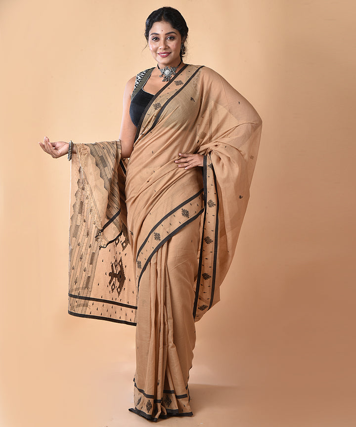 Brown black cotton handwoven jamdani saree