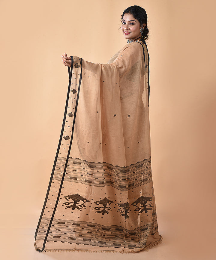 Brown black cotton handwoven jamdani saree