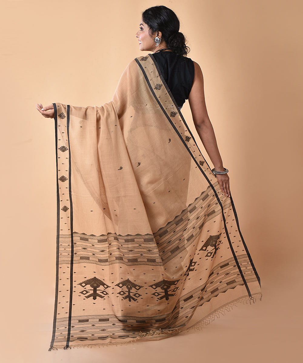 Brown black cotton handwoven jamdani saree