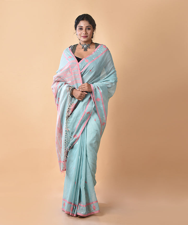 Sky blue cotton handwoven jamdani saree
