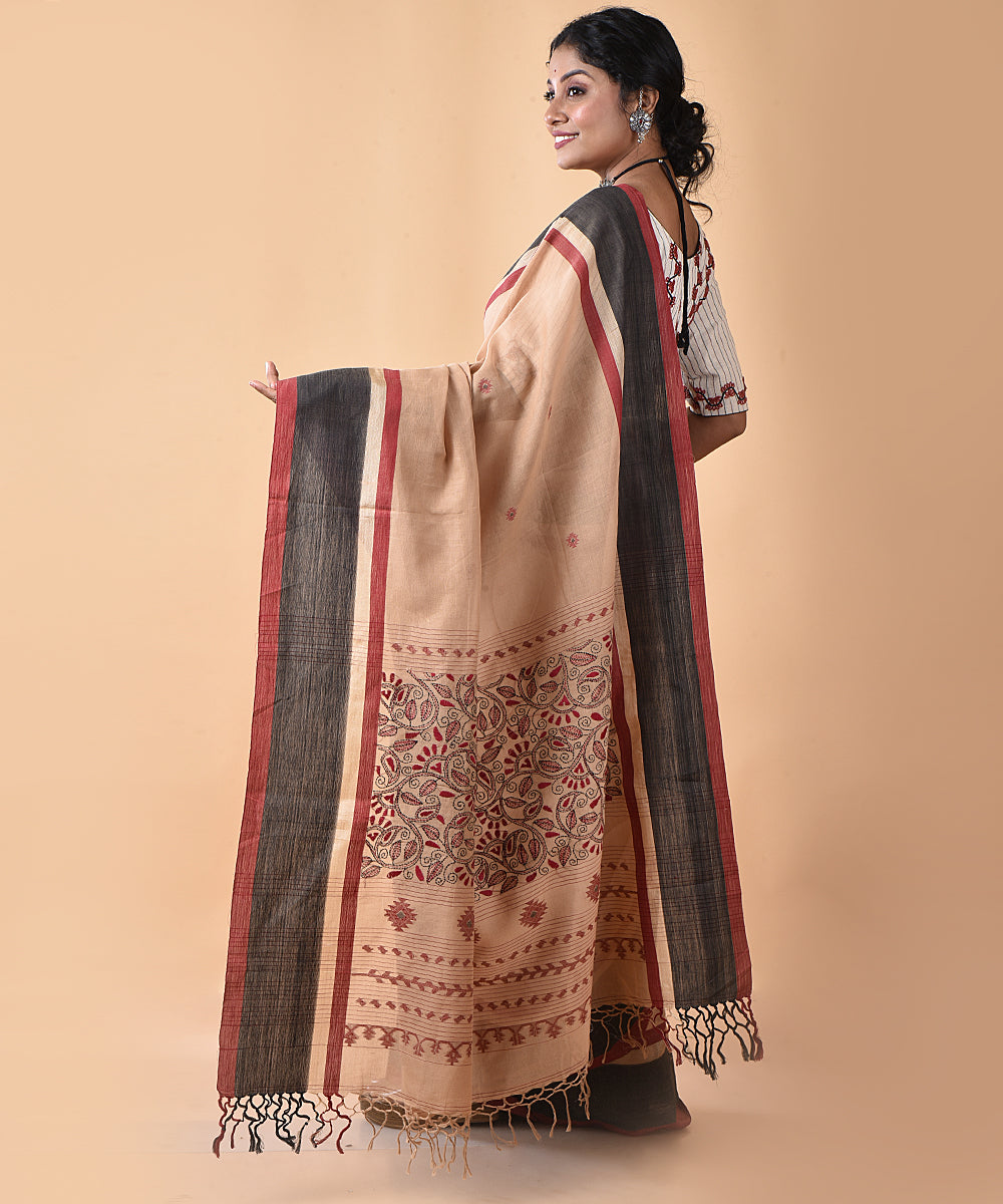 Brown cotton handwoven jamdani saree