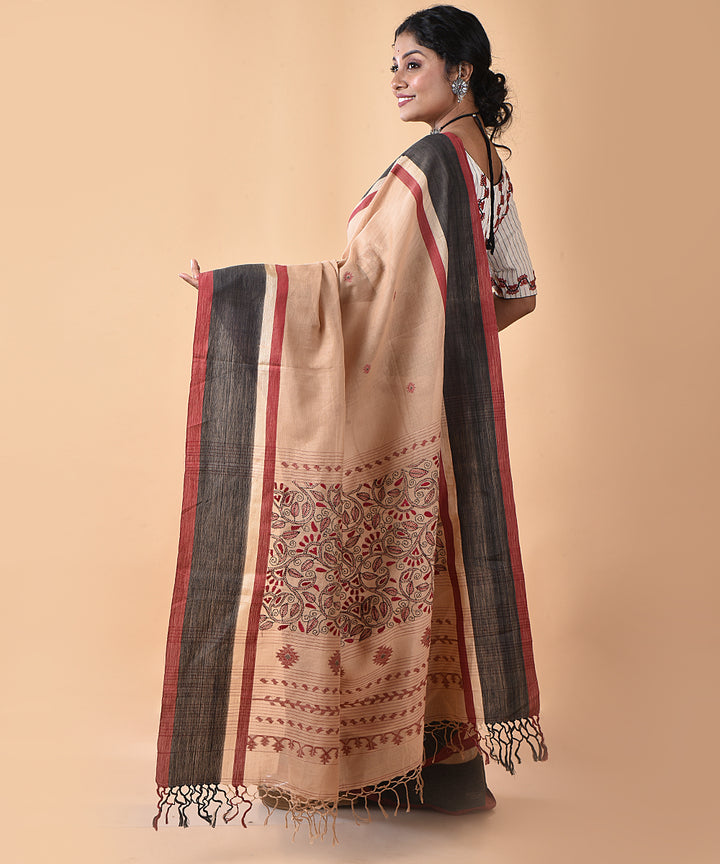 Brown cotton handwoven jamdani saree