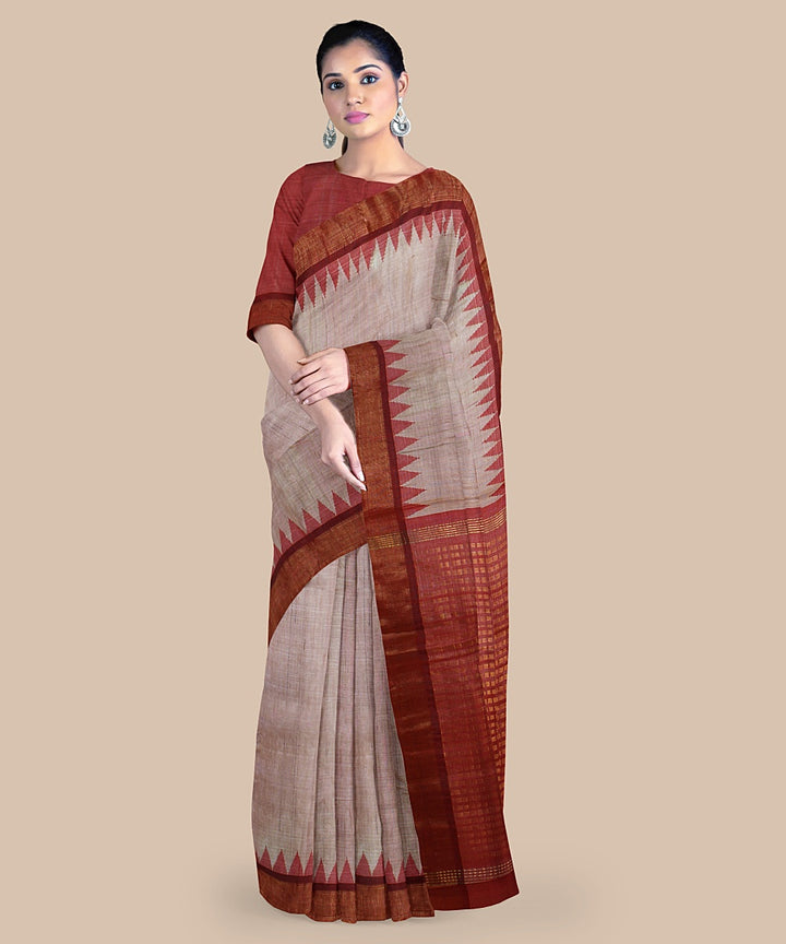 Cream red tussar silk handwoven chattisgarh saree