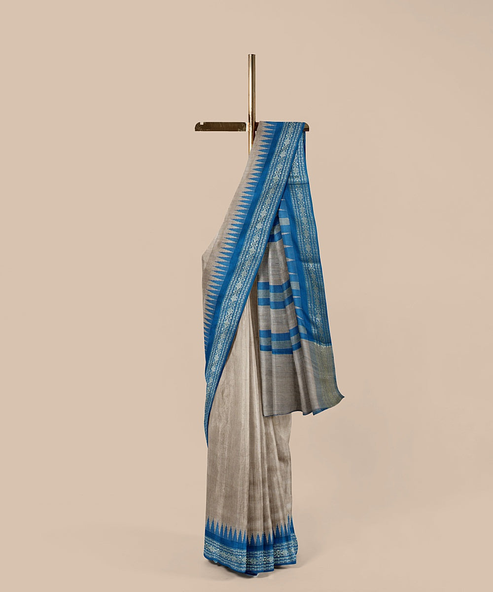 Beige sky blue tussar silk handwoven chattisgarh saree