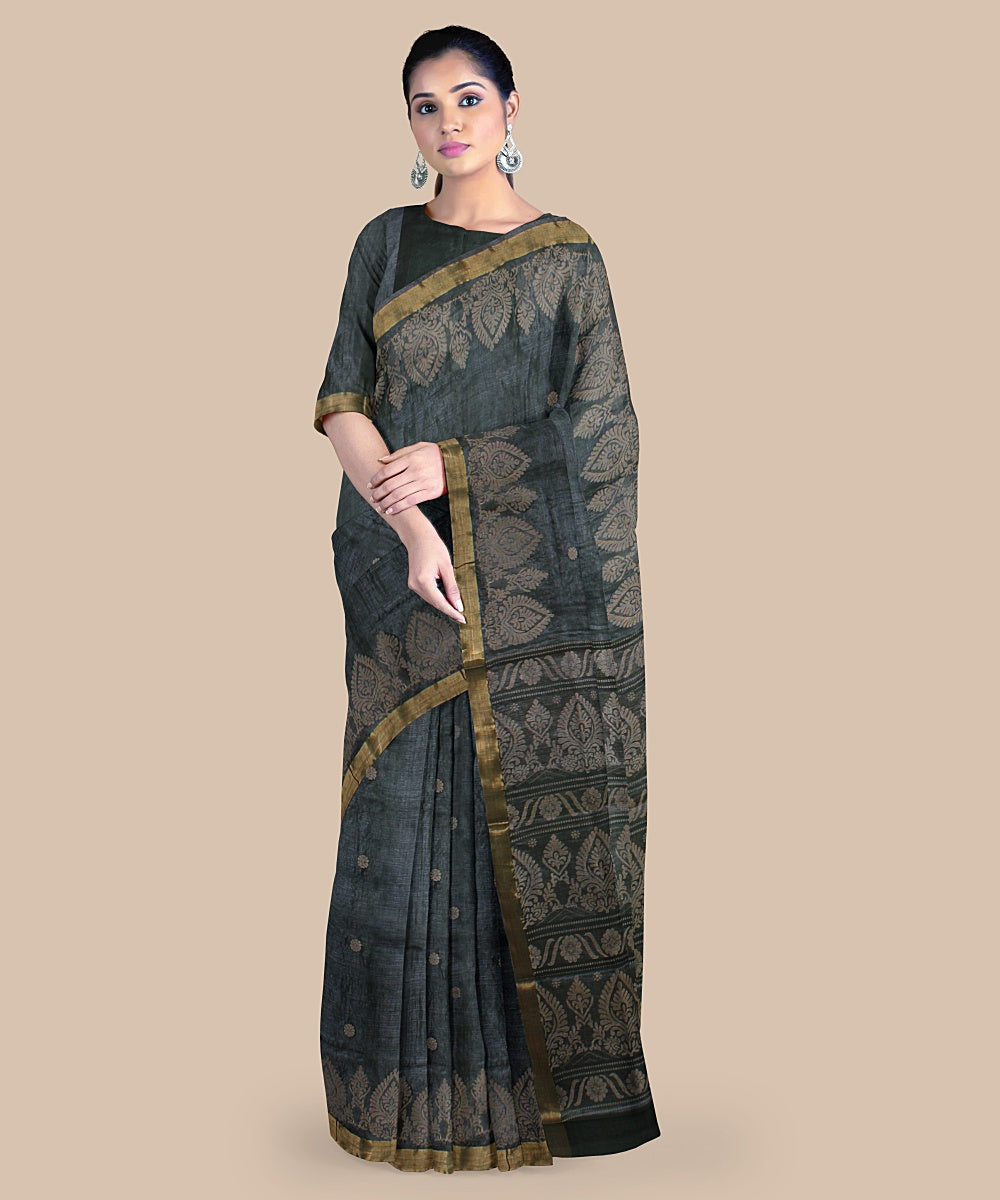 Forest green gold zari tussar silk handwoven chattisgarh saree