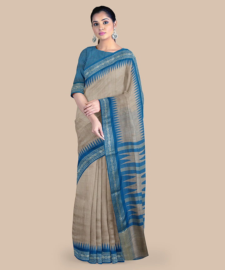 Beige sky blue tussar silk handwoven chattisgarh saree