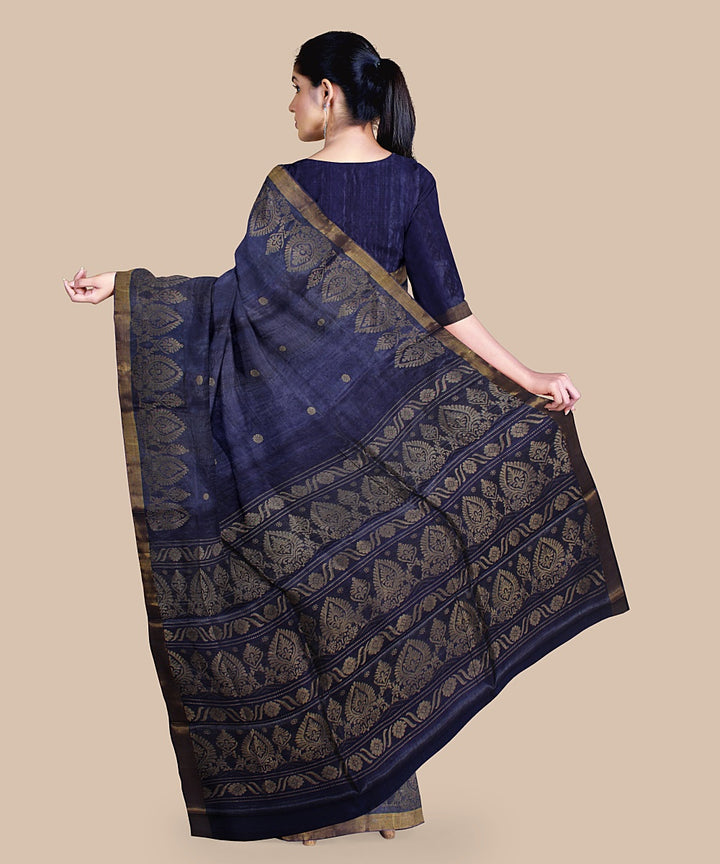 Navy blue gold zari tussar silk handwoven chattisgarh saree