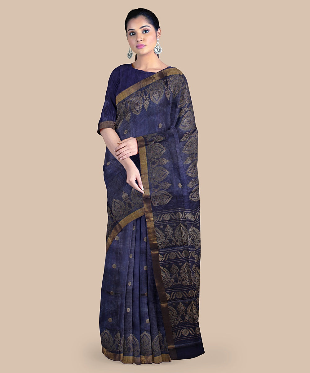 Navy blue gold zari tussar silk handwoven chattisgarh saree