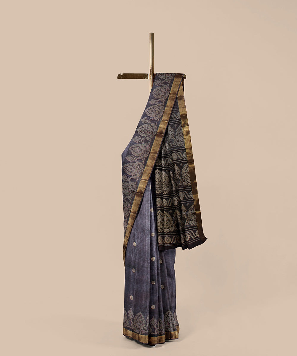 Grey gold zari handwoven tussar silk chattisgarh saree