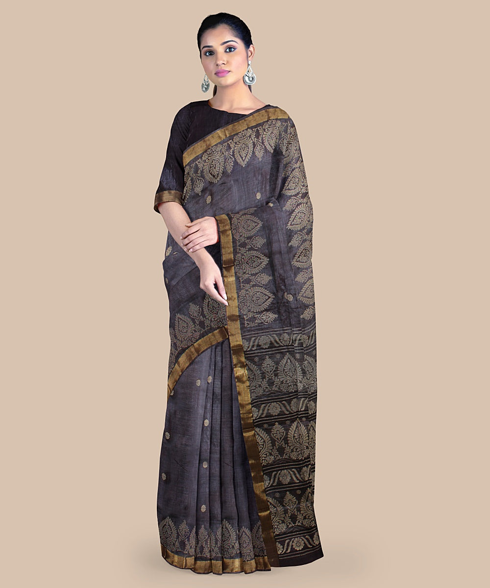 Grey gold zari handwoven tussar silk chattisgarh saree