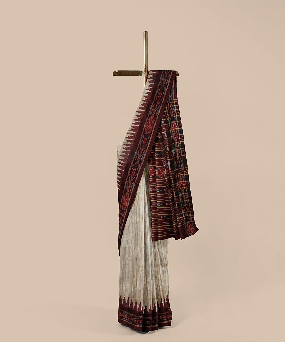 Off white maroon tussar silk handwoven chattisgarh saree