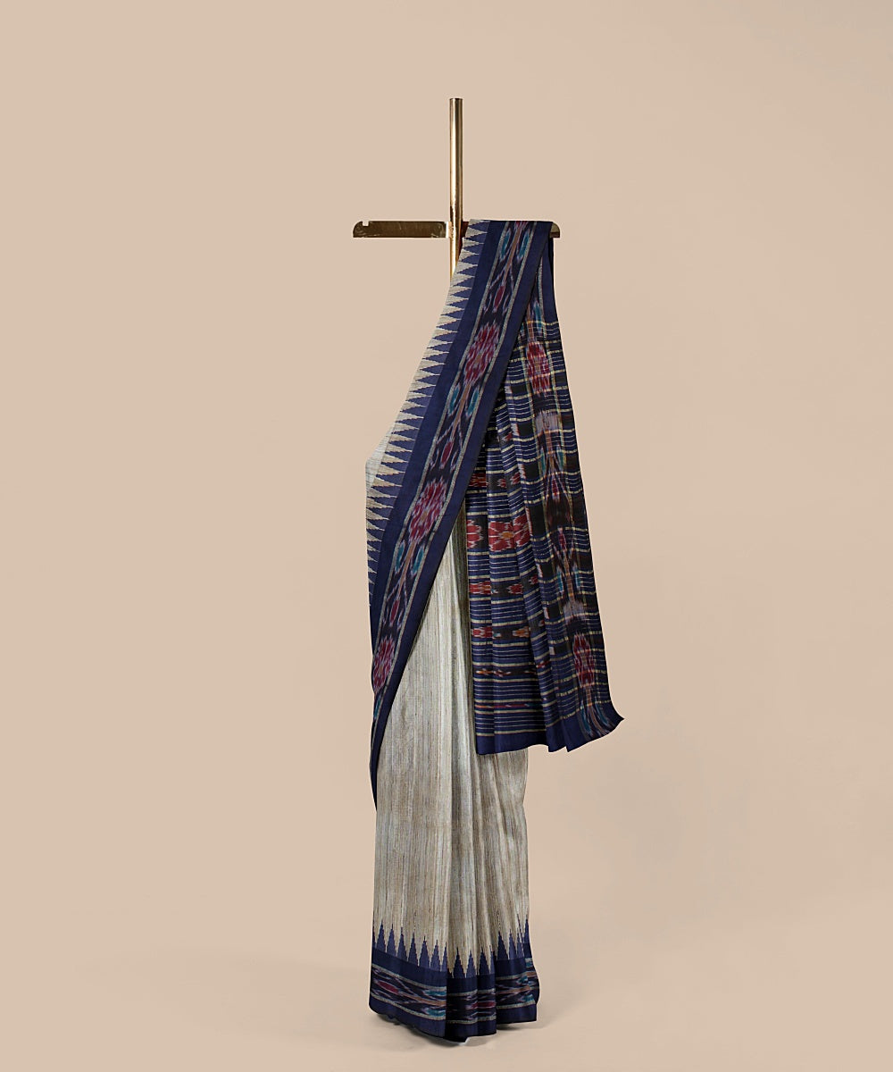 Offwhite navy blue tussar silk handwoven chattisgarh saree