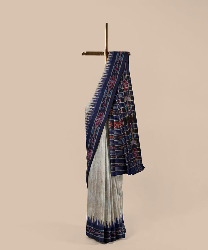 Offwhite navy blue tussar silk handwoven chattisgarh saree