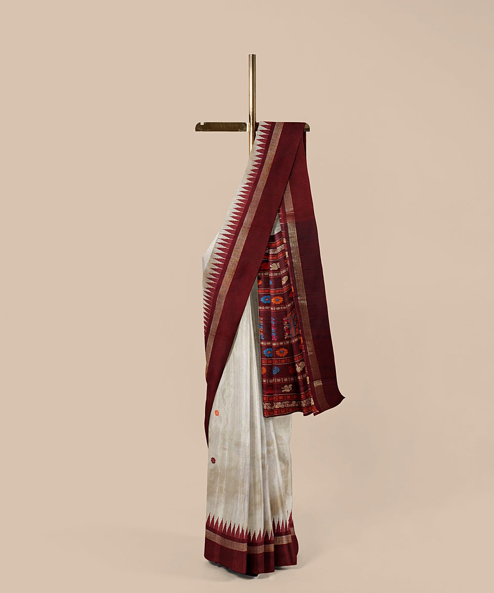 Offwhite maroon tussar silk handwoven chattisgarh saree