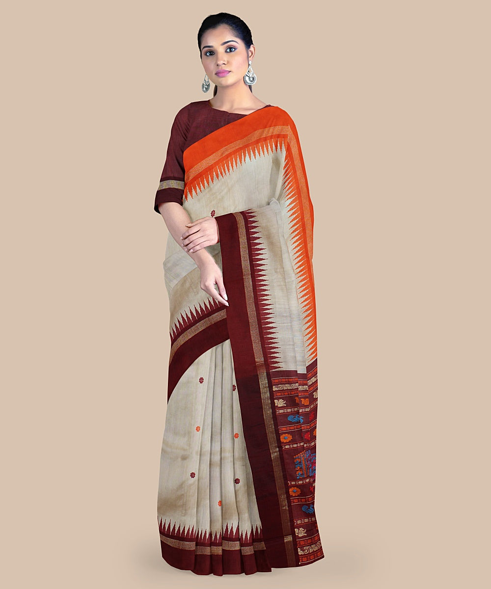 Offwhite maroon tussar silk handwoven chattisgarh saree