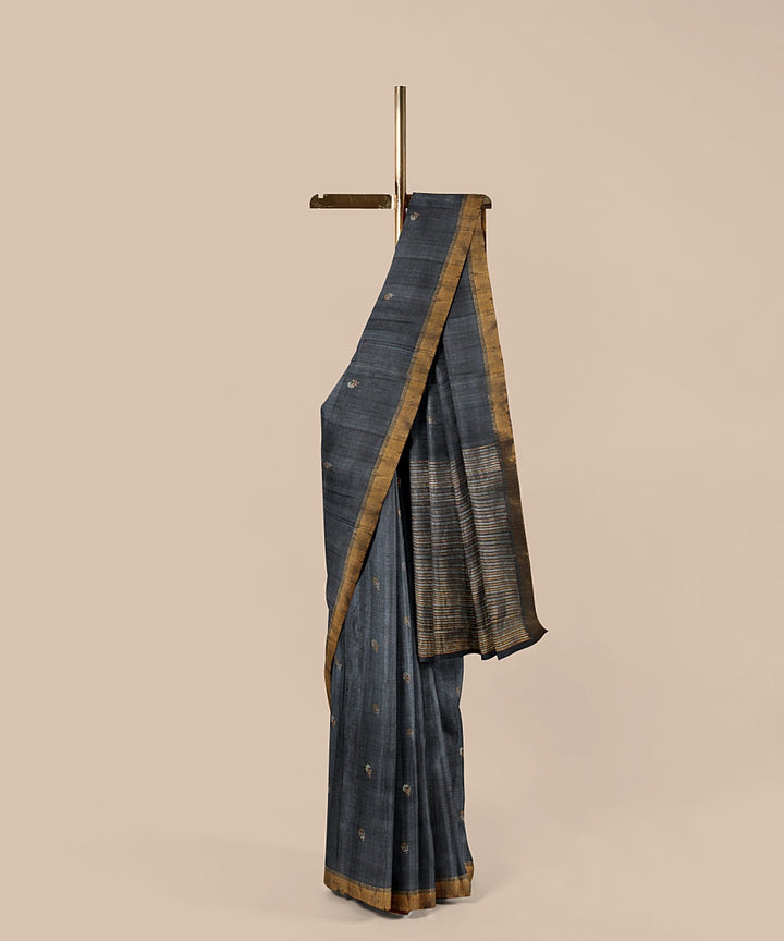 Grey gold zari tussar silk handwoven chattisgarh saree