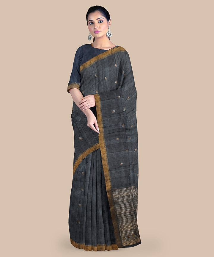 Grey gold zari tussar silk handwoven chattisgarh saree