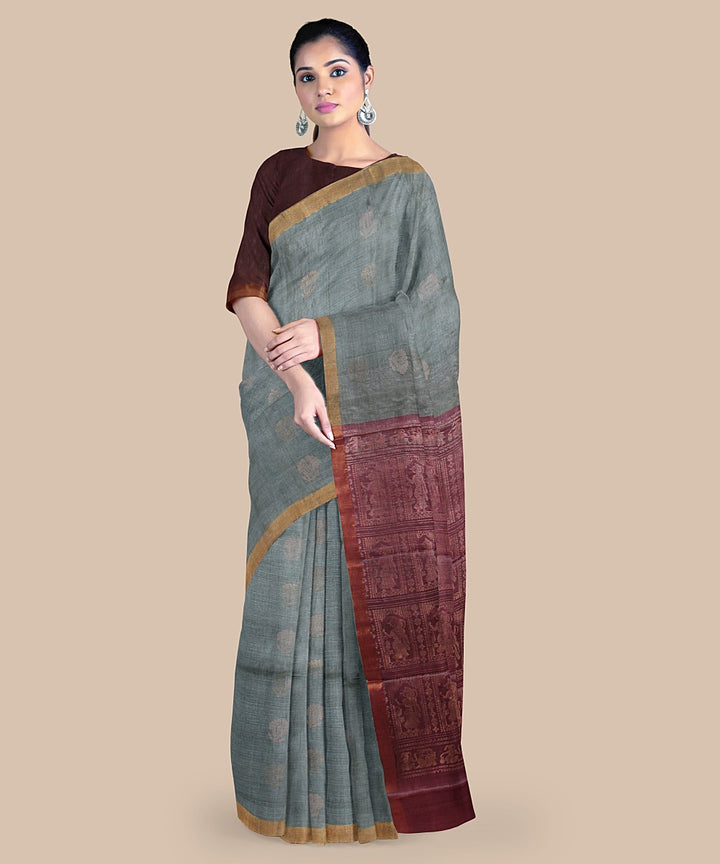 Light green maroon tussar silk handwoven chattisgarh saree