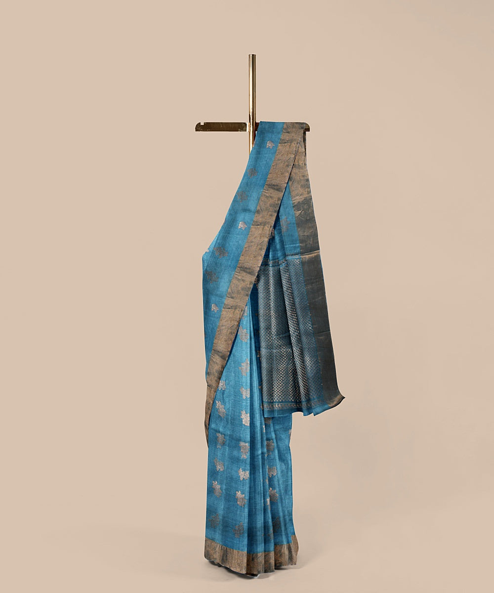 Cyan blue golden zari tussar silk handwoven chattisgarh saree